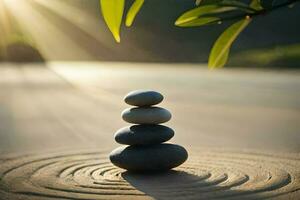 a stack of stones on a circular stone circle. AI-Generated photo