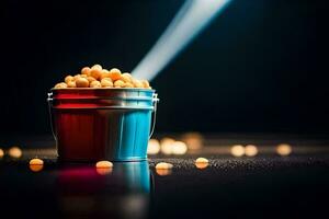 a bucket filled with popcorn on a black background. AI-Generated photo