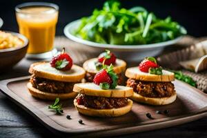 small sandwiches with meat and vegetables on a wooden tray. AI-Generated photo