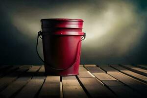a red bucket sitting on top of a wooden floor. AI-Generated photo