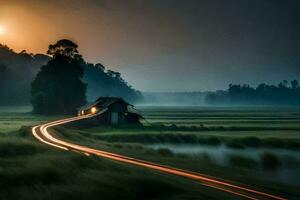 un largo exposición fotografía de un casa y la carretera en el medio de un campo. generado por ai foto