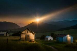 a small cabin in the middle of a field with a sun shining through the clouds. AI-Generated photo