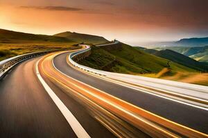 a long exposure photograph of a winding road in the mountains. AI-Generated photo