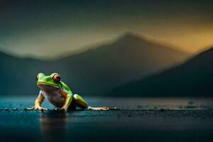un rana sentado en el suelo en frente de un montaña. generado por ai foto