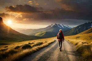 un persona caminando en un suciedad la carretera en el montañas. generado por ai foto