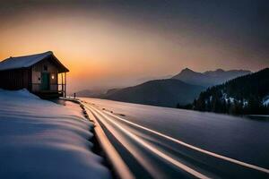 a cabin in the snow with a train passing by. AI-Generated photo