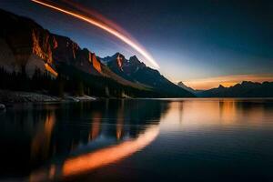 un largo exposición fotografía de un montaña rango y lago. generado por ai foto