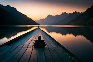 a person sitting on a dock looking at the mountains. AI-Generated photo