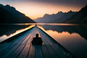 a person sitting on a dock looking at the mountains. AI-Generated photo