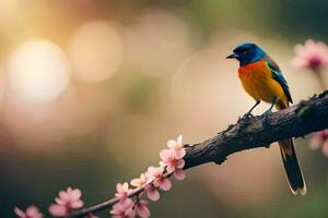 un vistoso pájaro se sienta en un rama con rosado flores generado por ai foto