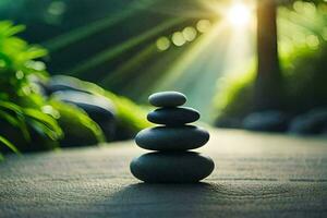 a stack of stones in the middle of a path. AI-Generated photo