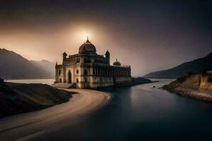 el Dom es ajuste terminado un grande edificio en el medio de un lago. generado por ai foto