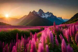 el Dom sube terminado el montañas y el flores floración en frente de el flores generado por ai foto