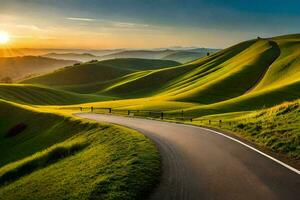 el la carretera a el puesta de sol. generado por ai foto