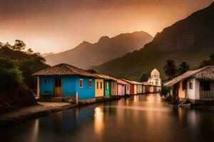 colorful houses line the banks of a river. AI-Generated photo