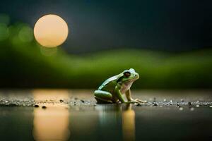 un rana sentado en el suelo en frente de un lleno Luna. generado por ai foto