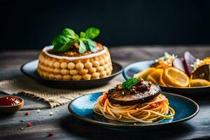 a plate of spaghetti and meat on a wooden table. AI-Generated photo