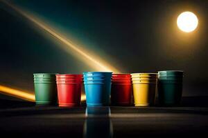 a row of colorful cups on a table. AI-Generated photo