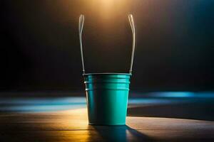 a green bucket with two handles on it. AI-Generated photo