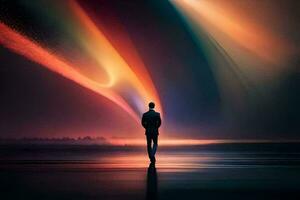 a man standing in front of a colorful light. AI-Generated photo