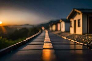 a long exposure photograph of a train track at sunset. AI-Generated photo