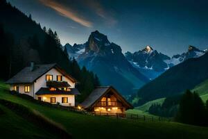 photo wallpaper mountains, the sky, the night, the house, the mountains, the house,. AI-Generated