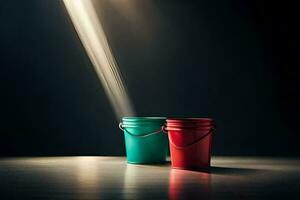 two buckets on a table with sunlight shining through. AI-Generated photo