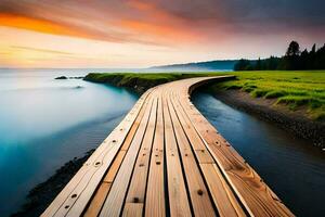 a wooden boardwalk leads to the ocean at sunset. AI-Generated photo