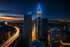 el imperio estado edificio es iluminado arriba a noche. generado por ai foto