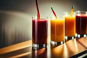 a row of glasses with different colored juices. AI-Generated photo