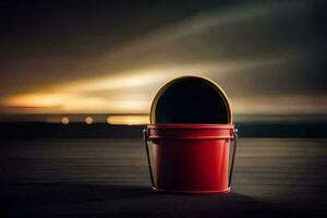 a red bucket sitting on a wooden floor. AI-Generated photo