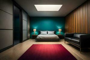 un moderno dormitorio con un rojo alfombra y de madera paredes generado por ai foto