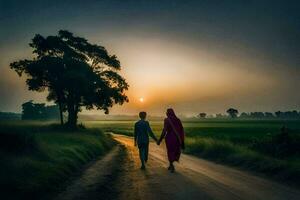 two people walking down a dirt road at sunset. AI-Generated photo