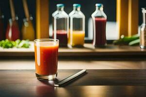 a glass of juice sits on a table in front of bottles. AI-Generated photo