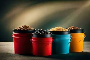 four colorful buckets with different types of food. AI-Generated photo