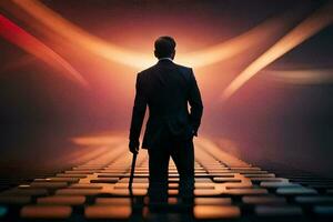 a man in a suit standing on a platform with a light behind him. AI-Generated photo