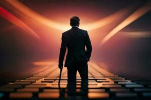 a man in a suit standing on a platform with a light behind him. AI-Generated photo