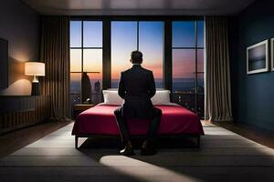 a man in a suit sits on a bed in front of a large window. AI-Generated photo