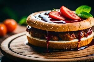 un hamburguesa con fresa salsa en cima. generado por ai foto