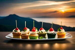 cupcakes on a plate with a sunset in the background. AI-Generated photo