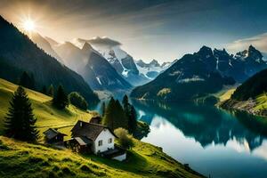 a house sits on a hill overlooking a lake. AI-Generated photo