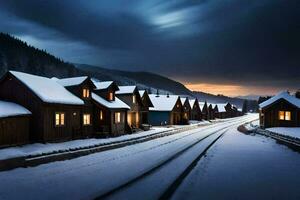 un Nevado pueblo con casas en el pistas generado por ai foto