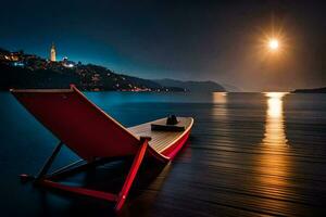 a red chair sits on the shore of a lake at night. AI-Generated photo