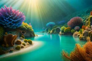 an underwater scene with coral reefs and sunbeams. AI-Generated photo