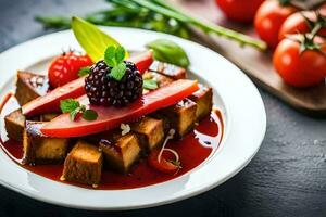 a plate of food with tofu, tomatoes and berries. AI-Generated photo