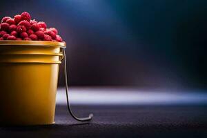 a bucket filled with raspberries. AI-Generated photo