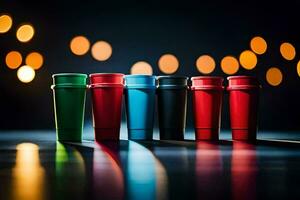 a row of colorful cups on a dark surface. AI-Generated photo