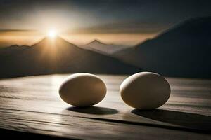 two eggs sit on a table in front of a mountain. AI-Generated photo