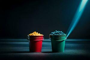 two buckets of popcorn on a dark surface. AI-Generated photo