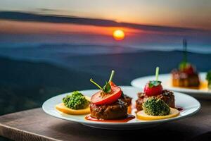 two plates with food on top of a table with a sunset in the background. AI-Generated photo